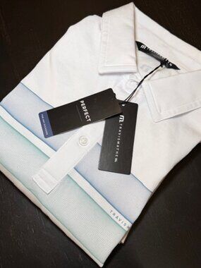 TravisMathew Ocean Time Polo Mens Med White w/Stripe Performance Golf Shirt-NWT